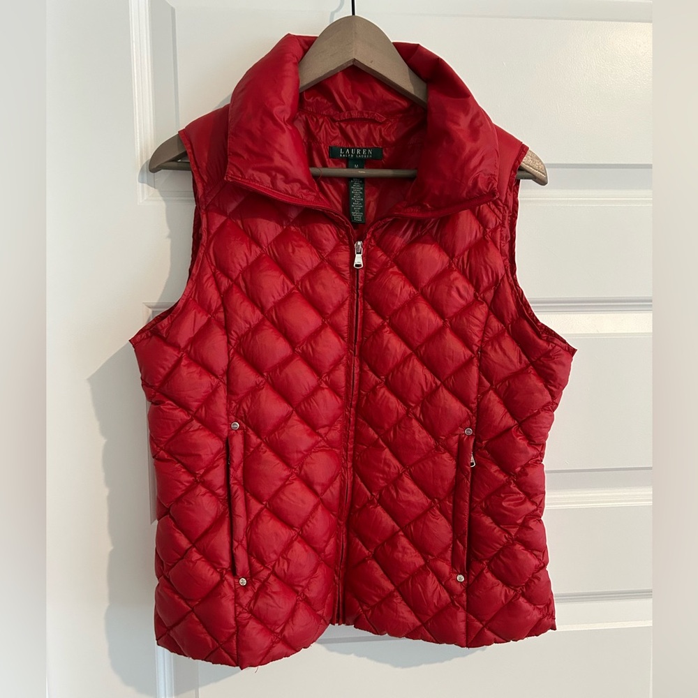 Lauren Ralph Lauren Down Puffer Vest Red Funnel Neck Size M